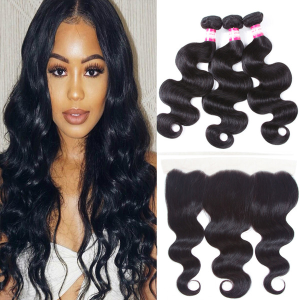 Malaysian Brazilian Virgin Hair 13x4 Full Frontal Lace Closures and Hair Peruvian Lace Frontal Bleached Knots Body wave with 3 Bundles Hair