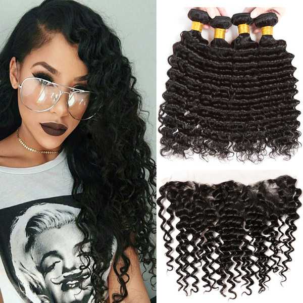 Brazilian Deep Wave Virgin Hair 13x4 Lace Closure with Bundles, 100%Unprocessed Human Hair Extensions Natural Color Can be Dyed