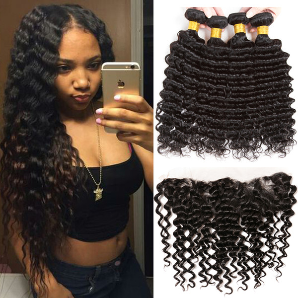 Brazilian Virgin Hair 3 Bundles with Lace Frontal Plucked Deep Wave Human Hair Bundles with 13x4 Ear to Ear Lace Frontal Closure