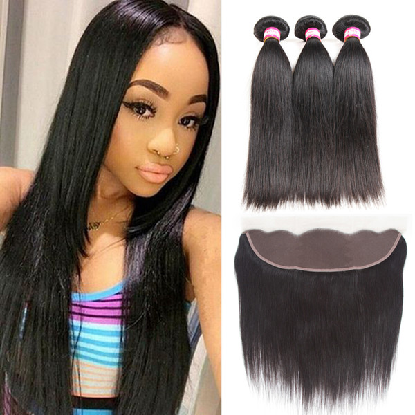 8A Peruvian Virgin Hair Straight with lace Frontal 4Pcs Ear to Ear Lace Frontal Closure straight Virgin Hair 13x4 Frontal With Bundles Deals