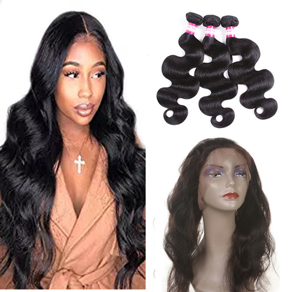 Malaysian Hair 3 Bundles with 360 Lace Frontal Clsoure Brazilian Peruvian Malaysian Body Wave Human Hair 360 Lace Frontal with Hair Bundles