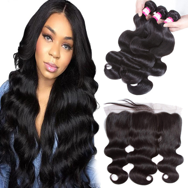 Brazilian Body Wave 3 Bundles with 13x4 Lace Frontal Closure Ear to Ear 100% Unprocessed Virgin Human Hair Bundles With Frontal