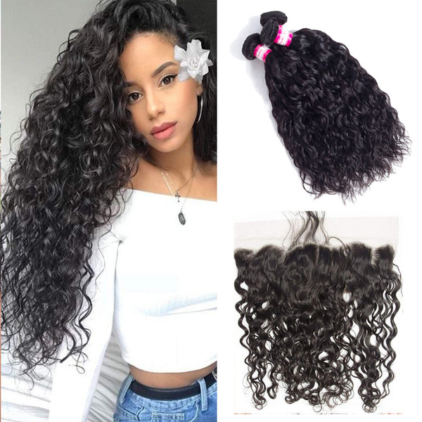 Indian Virgin Human Hair Water Wave With Lace Frontal Closure 13x4 Ear to Ear Lace Frontal Closure With Hair Weave Bundles