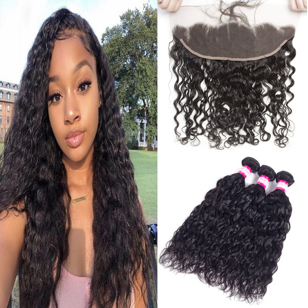 Malaysian Water Wave Unprocessed Virgin Human Hair With Frontal Ear To Ear 13x4 Lace Frontal Closure With 3 Bundles