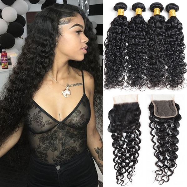 Cambodian Virgin Hair with Closure Water Wave Human Hair Cheap Unprocessed Virgin Cambodian Human Hair Weaves Closure 