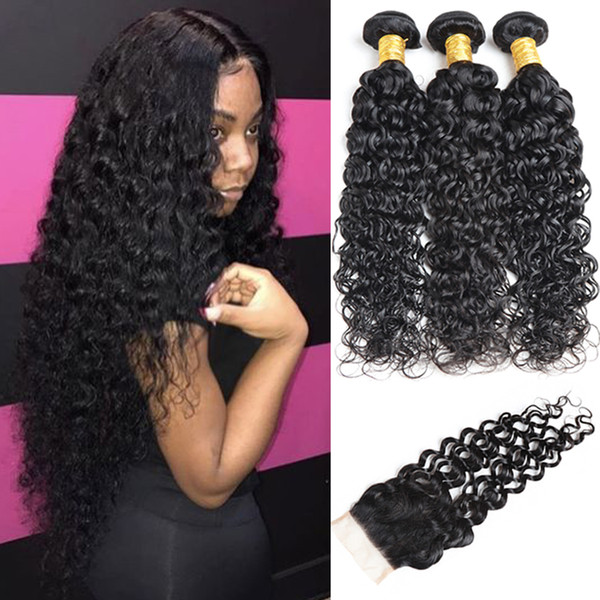 Peruvian Virgin Hair With Closure Free Part Water Wave Human Hair Bundles Double Weft Tangle Free Wet And Wavy Human Hair Extensions