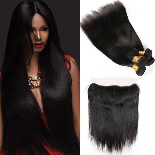 8A Peruvian Straight Human Hair Wefts with Lace Closure 13x4 100% Virgin Straight Hair With Lace Frontal Brazilian Peruvian Virgin Hiar