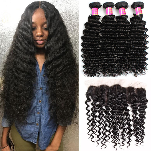 100% Human Hair With Lace Frontal Closure 13x4 8A Indian Deep Curly Wave Full Lace Frontal Closure Bleached Knot With 3Pcs Hair Bundles