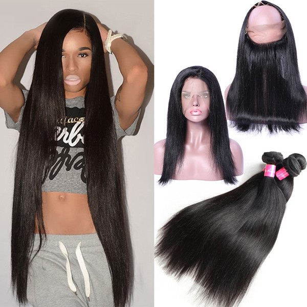 Unprocessed Virgin Brazilian Hair Frontal with Bundles Straight Human Hair Extensions with 360 Lace Frontal Medium Brown On Sale Human Hair