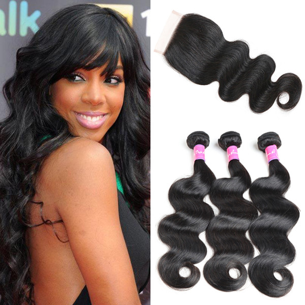 Brazilian Malaysian Peruvian Body Wave 3 Bundles With Closure Human Hair 4*4 Lace Closure Remy Hair Extensions