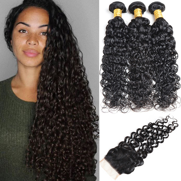 Brazilian Water Wave Human Hair Bundles with Lace Closure 4x4 Unprocessed Wet and Wavy Hair Weaves Closure Free Part with Hair Weft