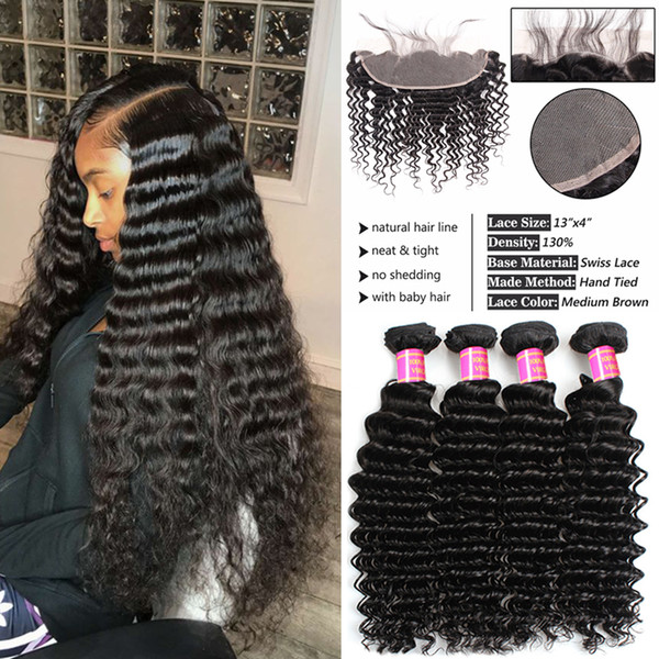 Peruvian Virgin Human Hair 3 Bundles Deep Wave With 13X4 Lace Frontal Closure Human Hair Weaves Deep Wave Curly Hair Bundles