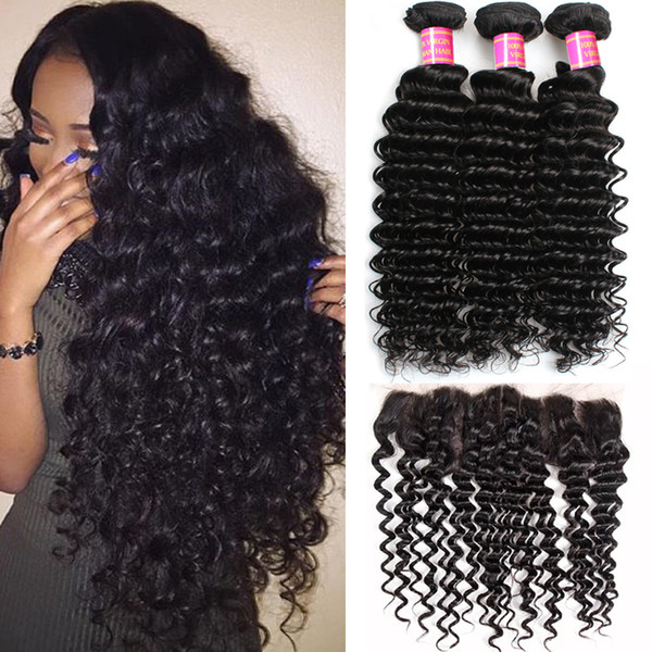 Brazilian Deep Curly Wave 3 Bundles With 13x4 Lace Frontal Closure 8A Unprocessed Cheap Deep Wave Human Hair With Lace Frontal Closure