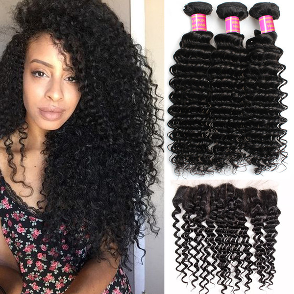 Peruvian Virgin Deep Wave Curly Human Hair Weaves With Closure 3 Bundles With Lace Frontal Closures Ear to Ear 13x4 Full Lace Frontals