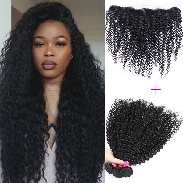 8A Ear to Ear Virgin Malaysian Curly Wave Bundles With Frontal Hair Weaves With 13x4 Lace Closure Frontal Cheap Bulk For Wholesale