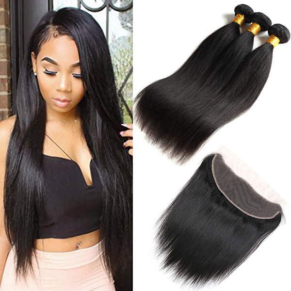 Unprocessed Virgin Hair Malaysian Straight Hair Weave 3 Bundles with Lace Frontal 1Closure 3x4 Pure-Hand Brazilian Peruvian Straight Hair