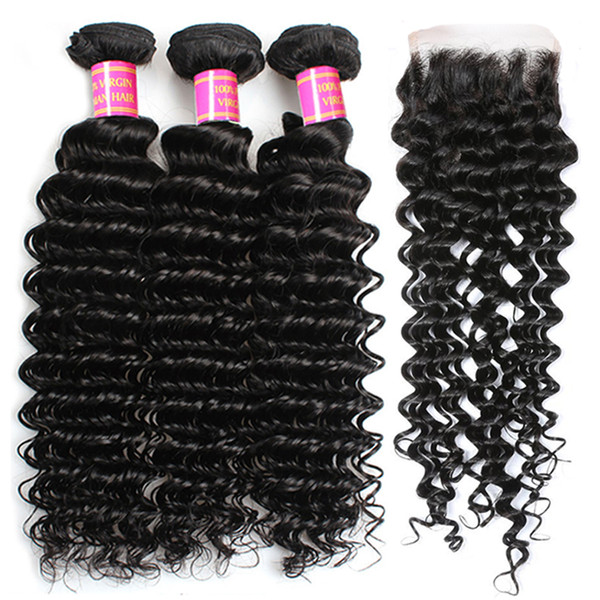 Brazilian Deep Wave with Closure 100% Unprocessed 8A Brazilian Virgin Hair Bundles with 4*4 Lace Closure Natural Color Deep Wave Hair Weaves