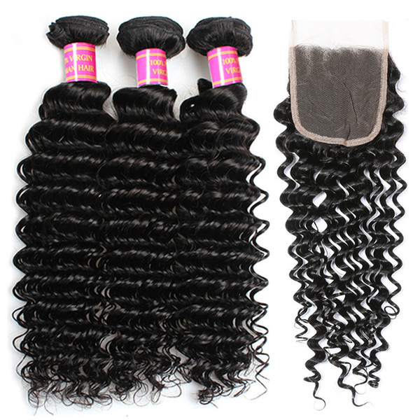 8A Brazilian Deep Wave Hair with Closure 3 Bundles With Lace Closure Unprocessed Virgin Hair Extensions With Closure Free Part Natural Color