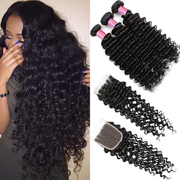 Brazilian Deep Wave Hair with Lace Closure 3 Bundles Virgin Brazilian Hair Deep Wave with Closure 4x4 Deep Wave Human Hair Lace Closure