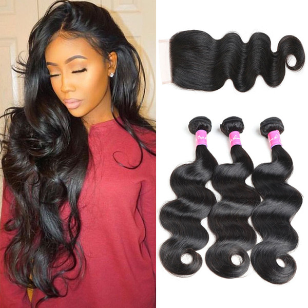 Peruvian Body Wave 3 Bundles With Lace Closure 100% Human Hair 8-30 Inch Non-Remy Hair Extension Machine Double Weft Natural Color