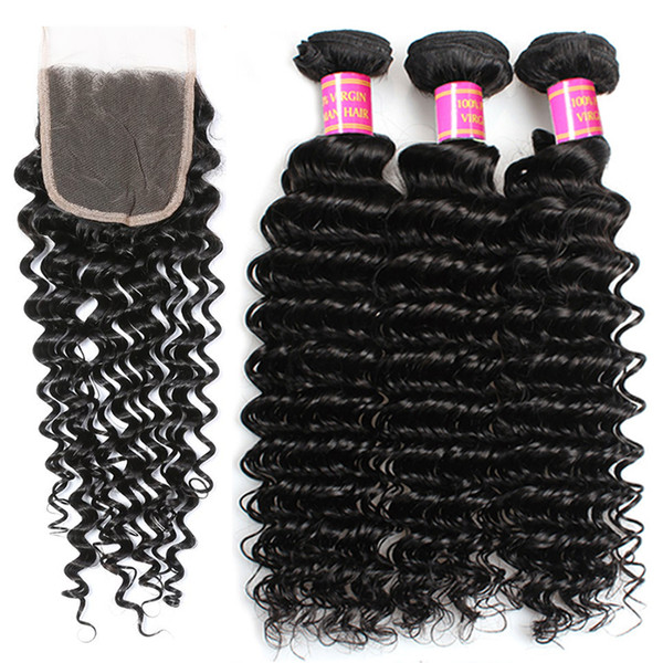 Deep Curly Hair Bundles with Closure 8A Brazilian Deep Wave Bundles with Lace Closure Free Part Deep Curly 4*4 Lace Closure with Bundles