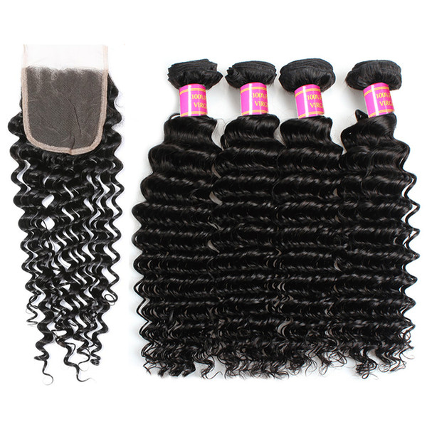 3 Bundles with Closure Deep Curly Hair with Lace Closure Brazilian Virgin Hair Extensions Deep Wave Bundles with Closure Softmoon Hair