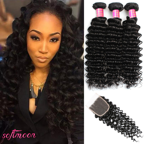 Brazilian Deep Wave Hair 3 Bundles With Closure 8A Unprocessed Brazilian Virgin Deep Wave Curly Human Hair Weave Extension With Lace Closure