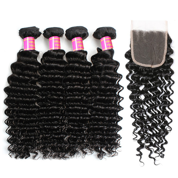 8A Brazilian Hair Bundles Deep Wave with Closure Unprocessed Virgin Hair 3 Bundles Deep Curly Human Hair Weaves with Free Part Lace Closure