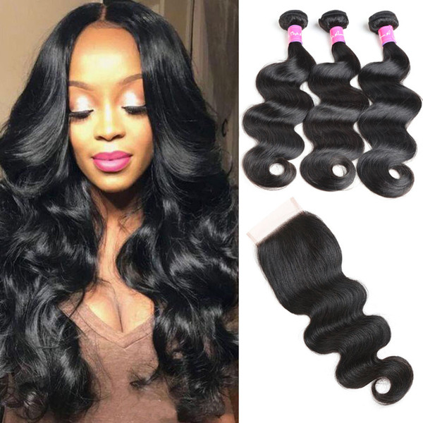 Human Hair Wefts With Closure Brazilian Hair Weaves Body Wave 4 Bundles With Lace Closure 8A Brazilian Body Wave Hair Weave Natural Color