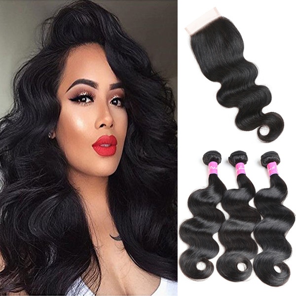 Wholesale Unprocessed Brazilian Hair With Lace Closure 4x4 Peruvian Malaysian Indian Hair Extension Human Hair Weave Body Wave With Closure