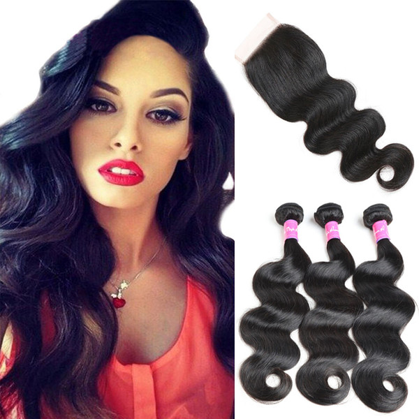 Uprocessed 3 Bundles Body Wave Hair Weaves With Lace Closure Natural Black Brazilian Peruvian Indian Malaysian Human Hair Bundles Deals