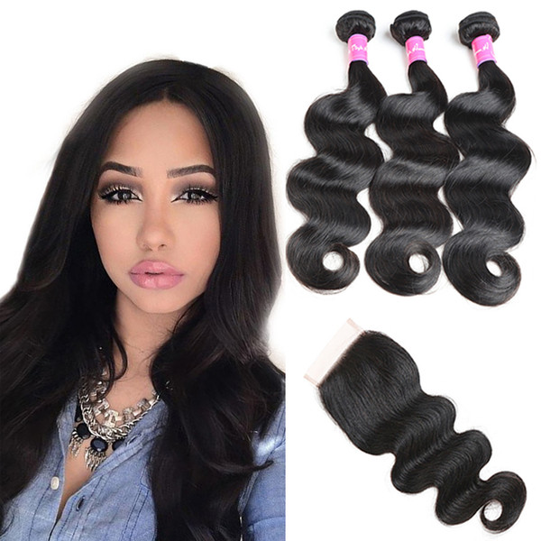 Top Lace Closure With 3 Bundles Brazilian Human Hair Extensions Peruvian Indian Malaysian Cambodian Human Hair Weaves Brazilian Body Wave