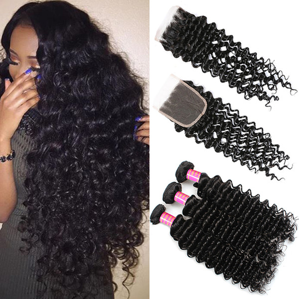 Peruvian Deep Wave Hair 3 Bundles with Closure 4x4 Free Part 100% Virgin Unprocessed Remy Human Hair Bundles with Lace Closure Peruvian Hair