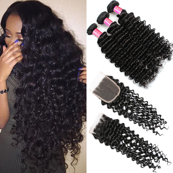 8A Unprocessed Brazilian Hair 3 Bundles Deep Wave with 4x4 Free Part Lace Closure 8A Brazilian Virgin Hair Extensions with Closure Deep Hair