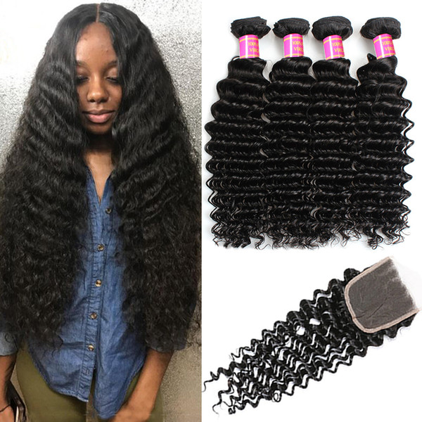 Malaysian Hair Deep Wave 3 Bundles with Lace Closure 4x4 Free Part Virgin Human Hair Deep Curly Bundles with Lace Closure Softmoon Hair