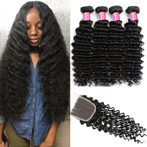 8A Peruvian Hair Deep Wave 3 Bundles with 4x4 Lace Closure 100% Unprocessed Human Hair with Lace Closure Free Part Peruvian Deep Weaves