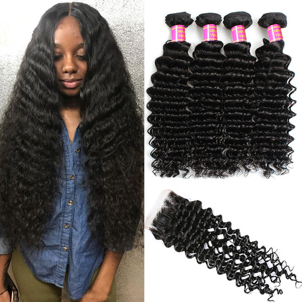 Malaysian Deep Wave Hair With Lace Closure 3 Bundles Unprocessed Virgin Hair Extensions With 4x4 Lace Closure Softmoon Hair Products