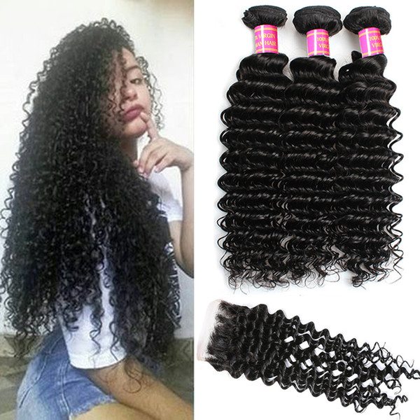 Brazilian Virgin Hair Deep Wave 3 Bundles With Free Part Closure 7A Grade 100% Unprocessed Human Hair Bundles with Closure Natural Black