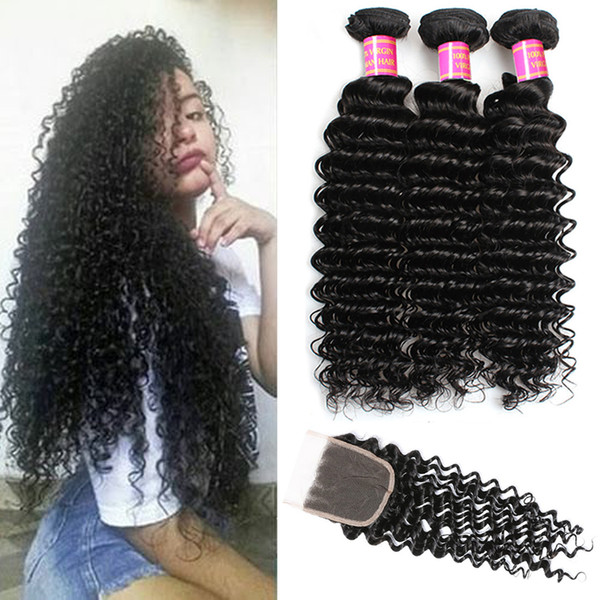 Brazilian Deep Wave Curly Hair Bundles with Lace Closure Virgin Hair Extensions Curly Human Hair Weaves with Closure Free Part Natural Color