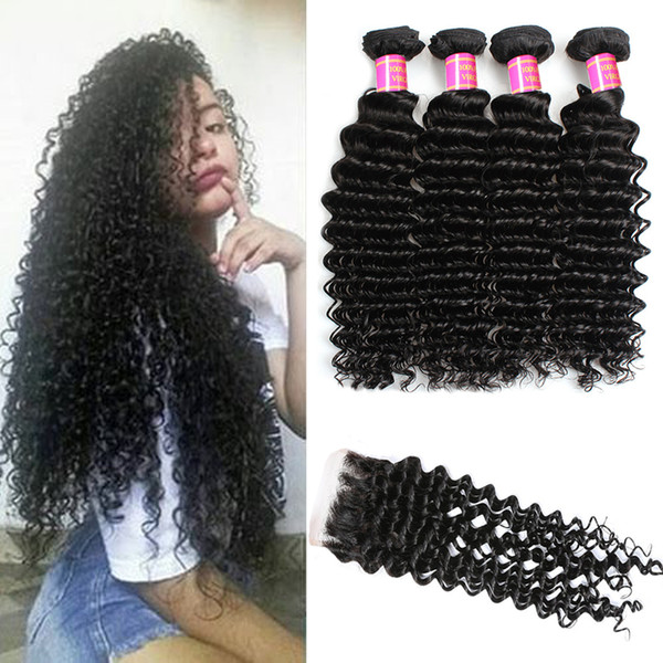 7A Brazilian Virgin Hair Deep Wave Hair 3 Bundles with Lace Closure Unprocessed Virgin Hair Extensions with 4x4 Lace Closure Natural Color