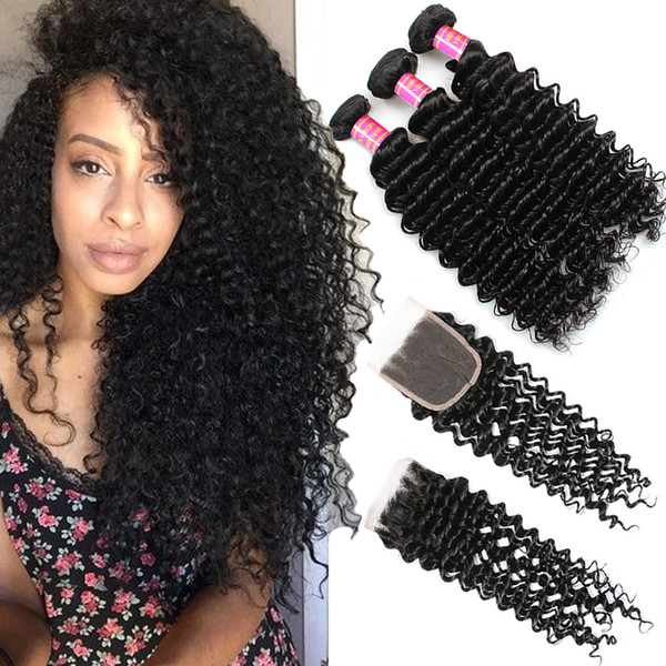 8A Peruvian Virgin Hair Deep Wave 3 Bundles With Closure Deep Wave Wavy Human Hair Extensions and Closure Deep Curly Hair Bundles Softmoon