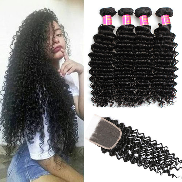 Brazilian Virgin Hair 3 Bundles with 4x4 Lace Closure Deep Wave Unprocessed Virgin Human Hair Wefts Deep Curly Hair with Closure Free Part