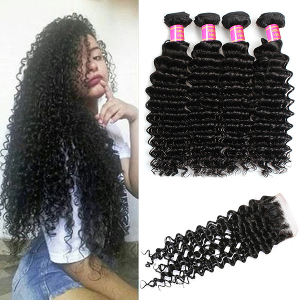 7A Grade Brazilian Deep Wave Hair 3 Bundles with Closure Unprocessed Virgin Hair with 4*4 Lace Closure Brazilian Virgin Hair Deep Wave