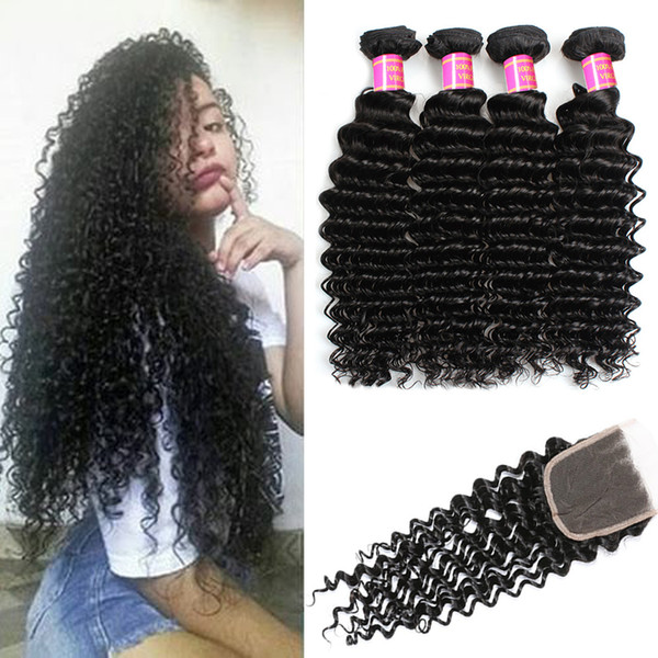 Brazilian Deep Curly Wave 3Bundles with 4x4 Free Part Lace Closure Human Hair Deep Wave Can Be Dyed and Bleached