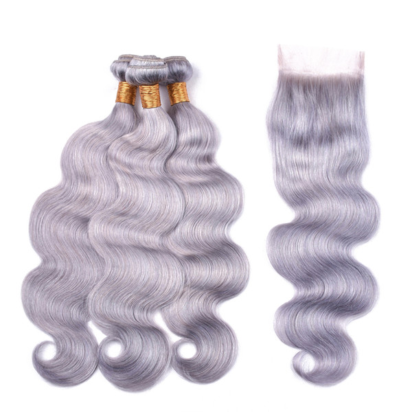 Msjoli Hair Sliver Grey Pure Color Peruvian Virgin Hair 3 Bundles With Lace Closure Body Wave Cheap Hair With 4*4 Lace Closure