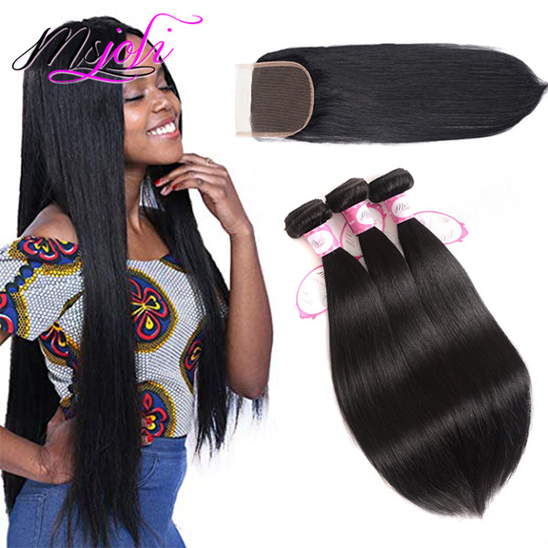 9A Peruvian Brazilian Virgin Human Hair Weave Unprocessed Silky Straight Natural Color 4x4 Lace Closure With 3 Bundles Malaysian Indian Hair