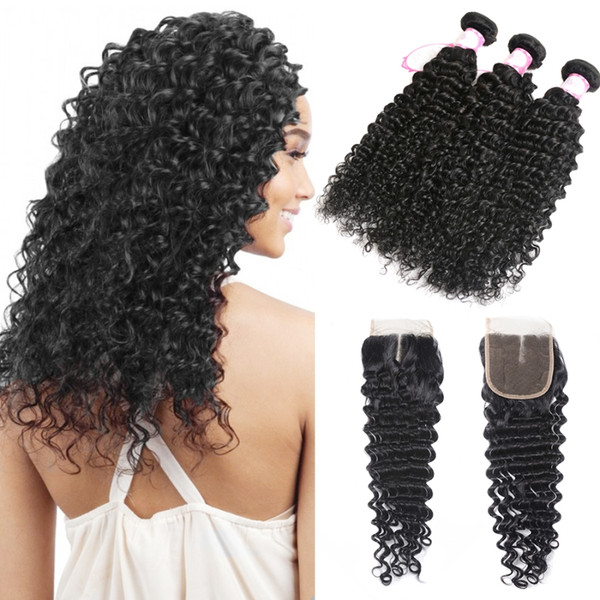 brazilian deep wave curly virgin human hair bundles with closure 10a grade virgin hair loose deep wave 3 4 bundles with lace closure