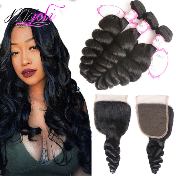 Brazilian Mongolian Virgin Human Hair Weave Unprocessed Loose Wave Natural Color 4x4 Lace Closure Frontal With Three Bundles From Ms Joli