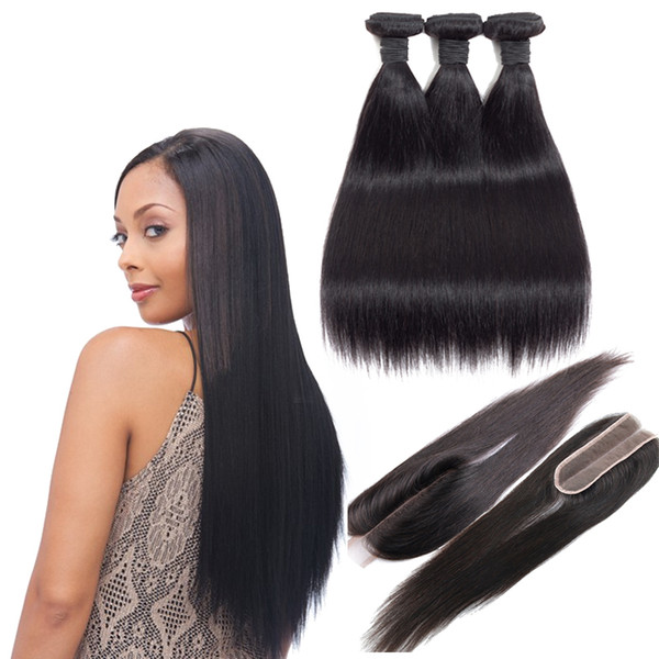 Human Hair Peruvian straight Bundles With 2x6 Lace Closure Middle part Remy human hair extensions unprocessed virgin straight hair