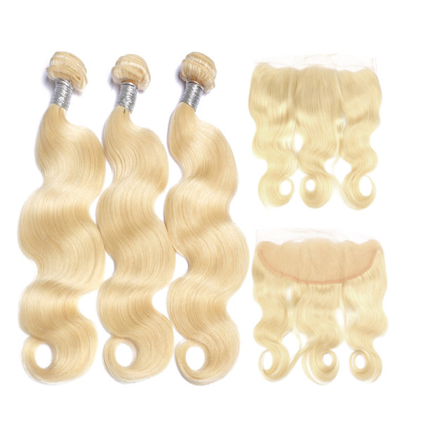 8a Brazilian Virgin Hair #613 Blond 3 Bundles with Frontal Closure Top Lace Frontal and Bundles body wave Hair Bundles and Frontal